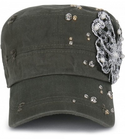 Baseball Caps Vintage Distressed Cotton Rhinestone Embellished Hat Military Cadet Cap - Dark Olive Green - CX12DOILFFZ $27.41