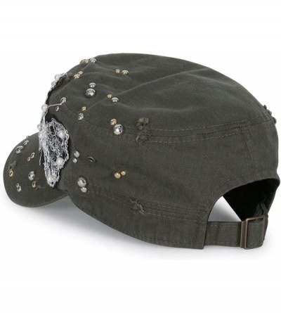 Baseball Caps Vintage Distressed Cotton Rhinestone Embellished Hat Military Cadet Cap - Dark Olive Green - CX12DOILFFZ $27.41