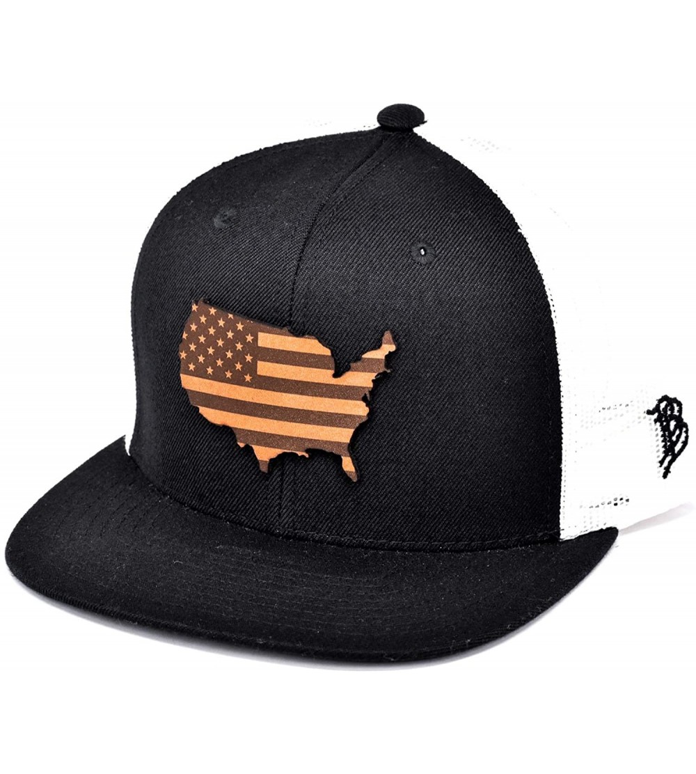 Baseball Caps 'The Patriot' Leather Patch Hat Flat Trucker - One Size Fits All - Black/White - CY18IGR2K59 $23.00