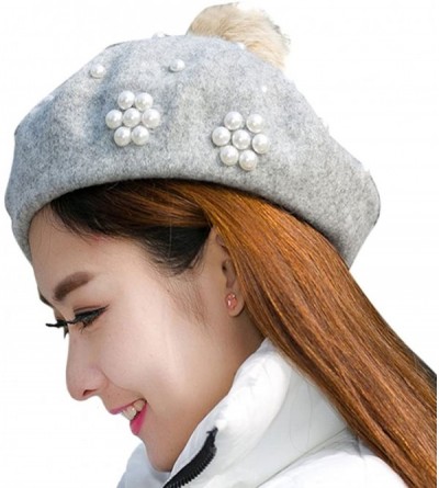 Berets Classic French Style Wool Beret Hat Pearls Beanie Cap with Pom for Women - Light Grey - CF186WYKY34 $11.60