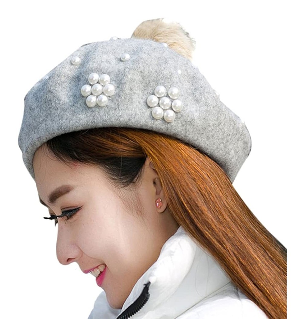 Berets Classic French Style Wool Beret Hat Pearls Beanie Cap with Pom for Women - Light Grey - CF186WYKY34 $11.60