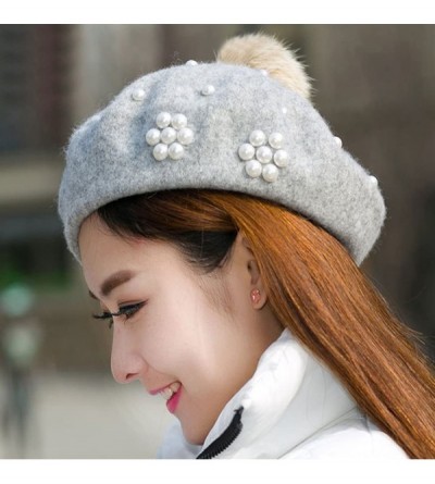 Berets Classic French Style Wool Beret Hat Pearls Beanie Cap with Pom for Women - Light Grey - CF186WYKY34 $11.60