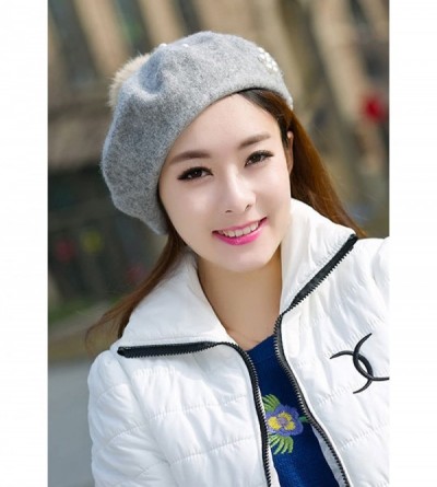Berets Classic French Style Wool Beret Hat Pearls Beanie Cap with Pom for Women - Light Grey - CF186WYKY34 $11.60
