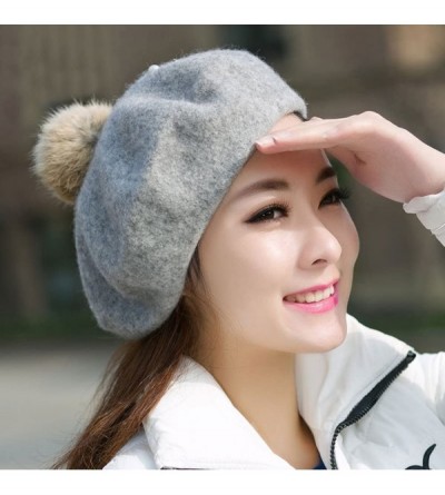 Berets Classic French Style Wool Beret Hat Pearls Beanie Cap with Pom for Women - Light Grey - CF186WYKY34 $11.60