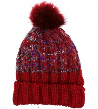 Skullies & Beanies Women's Winter Warm Variegated Knit Cuffed Slouchy Beanie with Soft Faux Fur Pom Pom - Burgundy - CA1274RH...