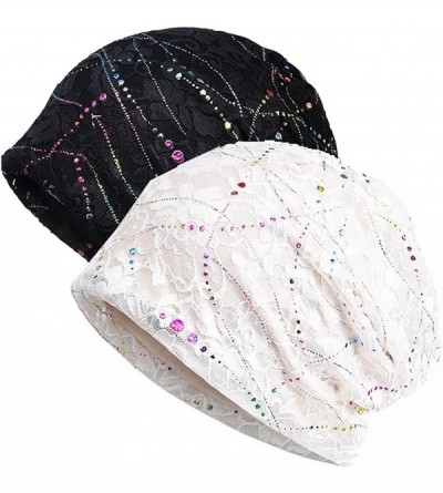 Skullies & Beanies Womens Lace Slouchy Cotton Beanie Chemo Hats Soft Cancer Sleep Caps - Black+white - C618E82NW95 $12.26
