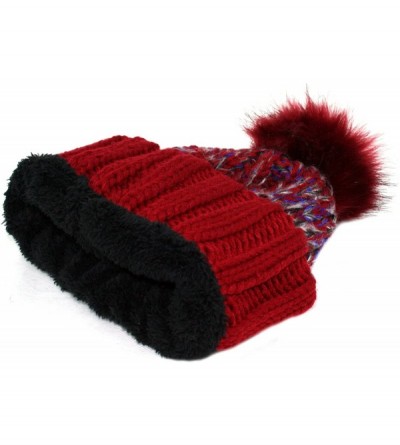 Skullies & Beanies Women's Winter Warm Variegated Knit Cuffed Slouchy Beanie with Soft Faux Fur Pom Pom - Burgundy - CA1274RH...