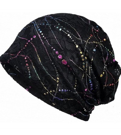 Skullies & Beanies Womens Lace Slouchy Cotton Beanie Chemo Hats Soft Cancer Sleep Caps - Black+white - C618E82NW95 $12.26