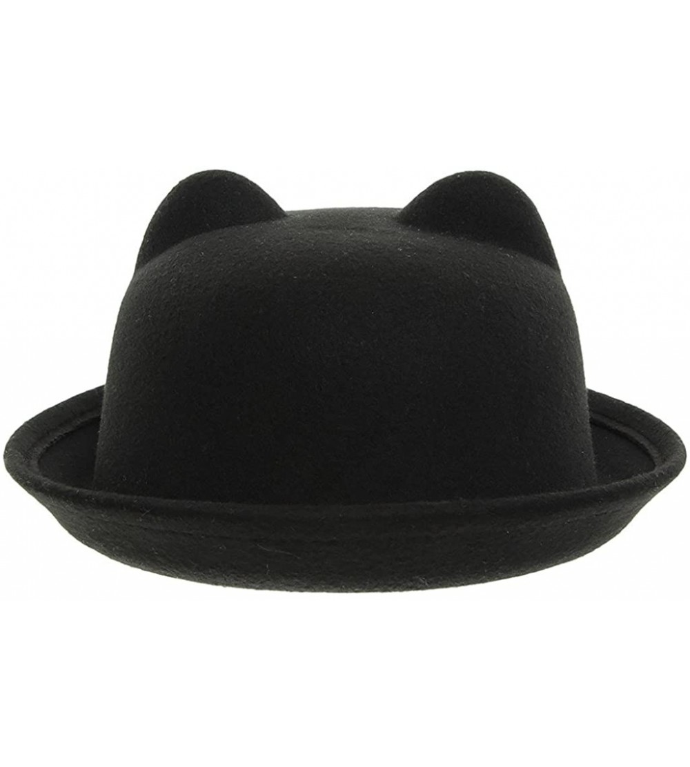 Fedoras Women Wool Felt Cat Ear Roll-up Hat Fedora Bowler Head Circumference 22.5" - Black - C8127E5KHPN $11.95