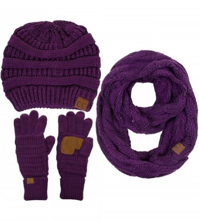 Skullies & Beanies 3pc Set Trendy Warm Chunky Soft Stretch Cable Knit Beanie Scarves Gloves Set - Metallic Purple - CP187GOGX...