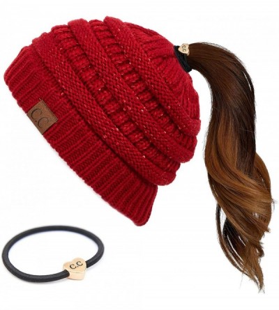 Skullies & Beanies Messy Bun Ponytail Magic Magic Sequin Beanie Hat Bundle Hair Tie (MB-730) - Red - With Cc Ponytail Holder ...