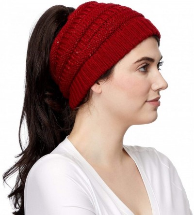 Skullies & Beanies Messy Bun Ponytail Magic Magic Sequin Beanie Hat Bundle Hair Tie (MB-730) - Red - With Cc Ponytail Holder ...