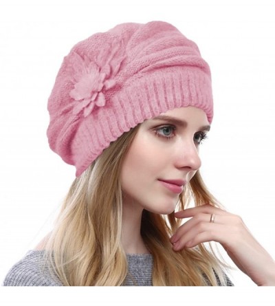 Berets Women's Solid Knit Furry French Beret - Fall Winter Fleece Lined Paris Artist Cap Beanie Hat - Peach - CD188UHE2DU $20.20