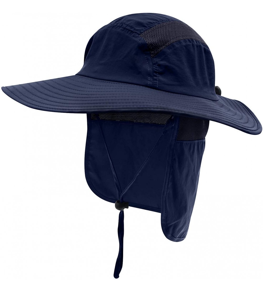 Sun Hats Mens UPF 50+ Sun Protection Cap Wide Brim Fishing Hat with Neck Flap - Navy Blue - CL18O043T5G $14.45