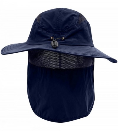 Sun Hats Mens UPF 50+ Sun Protection Cap Wide Brim Fishing Hat with Neck Flap - Navy Blue - CL18O043T5G $14.45