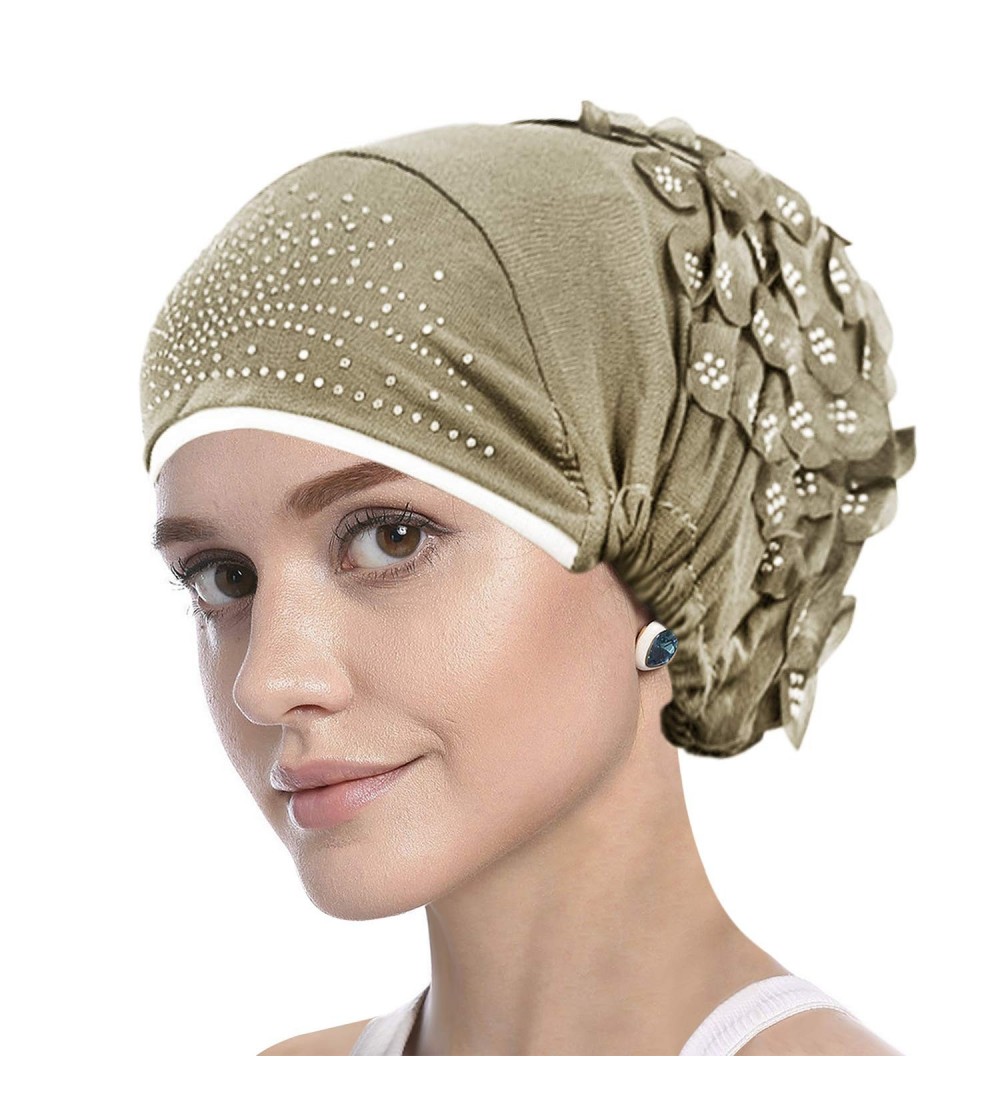 Skullies & Beanies Elastic Slouchy Rhinestone Headwear Headbands - Khaki- Flower & Rhinestone - CL18SSUO0HK $7.79