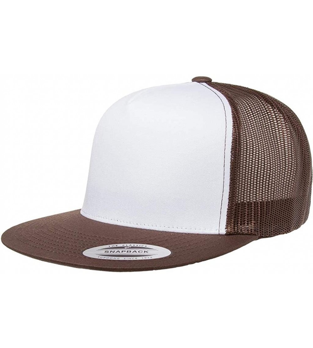 Baseball Caps Yupoong 6006 Flatbill Trucker Mesh Snapback Hat with NoSweat Hat Liner - White Front/Brown - C218O85QGMX $16.70