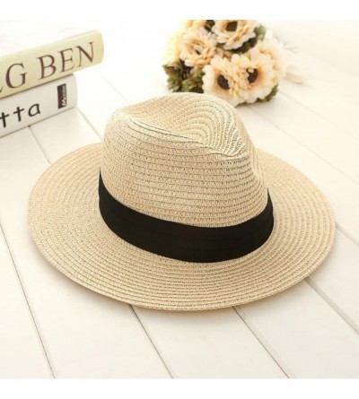 Fedoras Women Wide Brim Straw Sun Hat Roll up Hat Beach Sun Hats - Beige - CZ184SGA0R3 $12.77