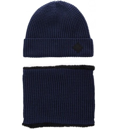 Skullies & Beanies 2 Piece Wool Knit Hat & Scarf Sets Fleece Lined Winter Beanie Neck Warmer - 89221a_navy - CJ186R6UYO3 $15.39