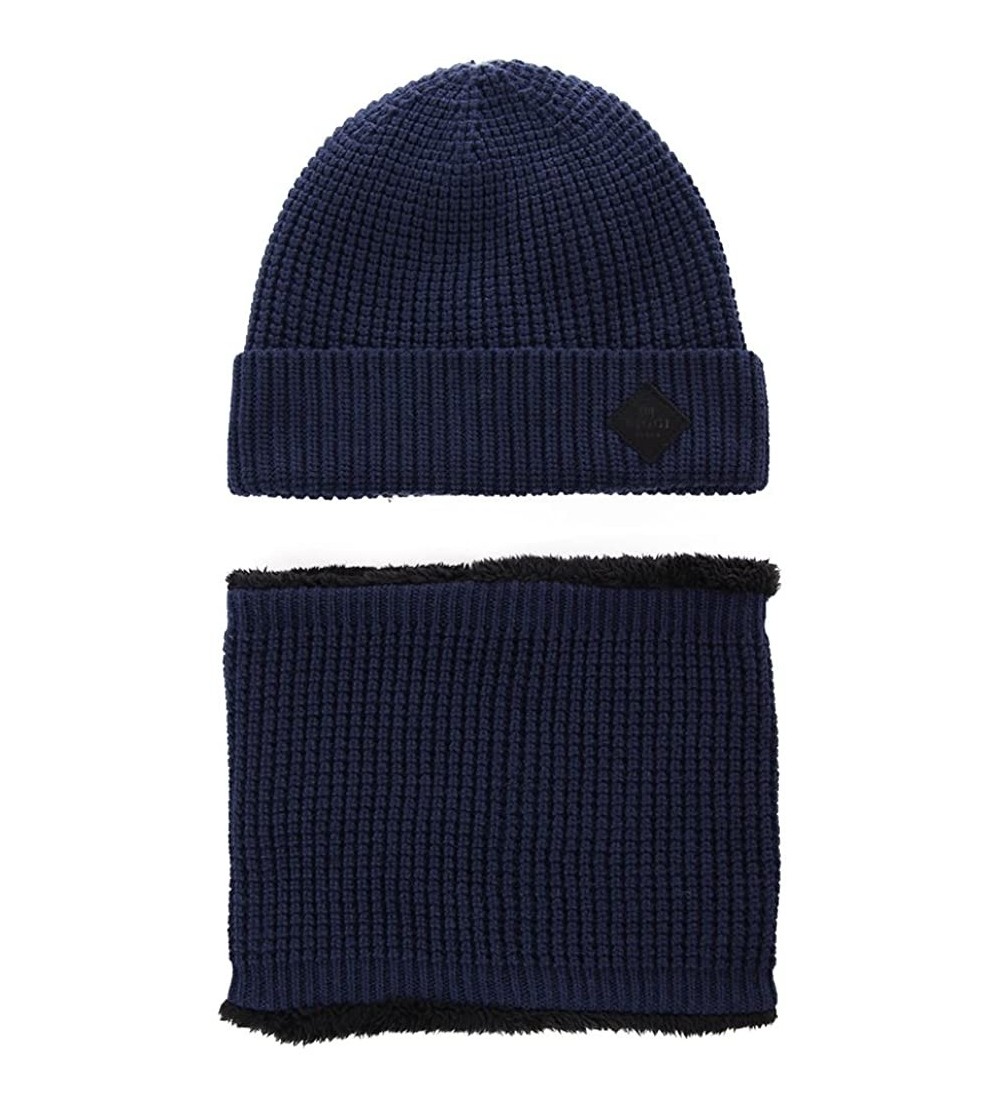 Skullies & Beanies 2 Piece Wool Knit Hat & Scarf Sets Fleece Lined Winter Beanie Neck Warmer - 89221a_navy - CJ186R6UYO3 $15.39