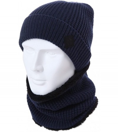Skullies & Beanies 2 Piece Wool Knit Hat & Scarf Sets Fleece Lined Winter Beanie Neck Warmer - 89221a_navy - CJ186R6UYO3 $15.39