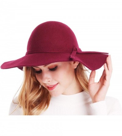 Sun Hats Women's Wide Brim Wool Ribbon Band Floppy Hat - Burgundy - C311NA0ZLAV $28.23