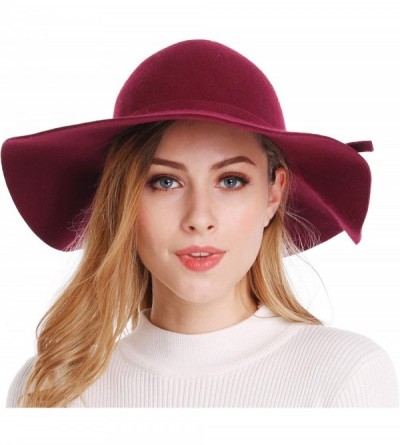 Sun Hats Women's Wide Brim Wool Ribbon Band Floppy Hat - Burgundy - C311NA0ZLAV $28.23