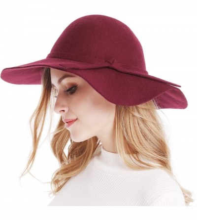 Sun Hats Women's Wide Brim Wool Ribbon Band Floppy Hat - Burgundy - C311NA0ZLAV $28.23