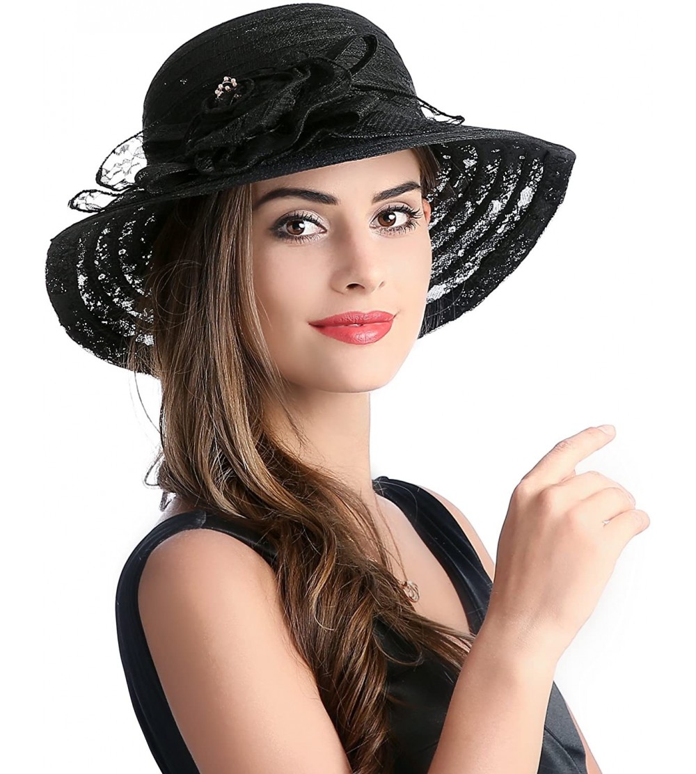 Sun Hats Summer Lace Beach Sun Hat Kentucky Derby Church Dress Bucket Hat - Black - C01850IIH37 $17.57