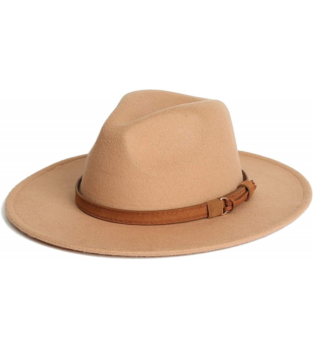 Fedoras Dantiya Men & Women Vintage Wide Brim Wool Fedora Panama Hat with Belt Buckle - Camel - CC1922DWH3E $12.46