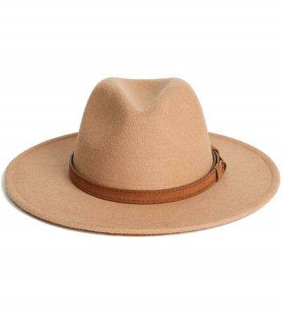 Fedoras Dantiya Men & Women Vintage Wide Brim Wool Fedora Panama Hat with Belt Buckle - Camel - CC1922DWH3E $12.46