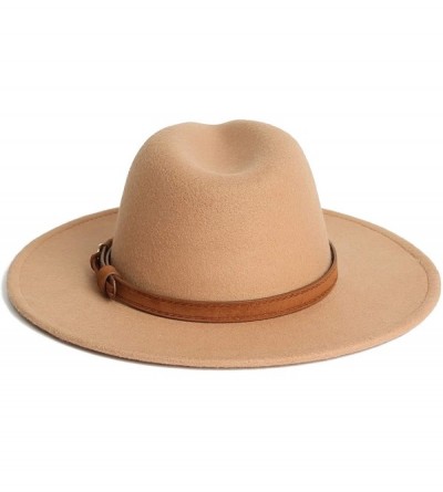 Fedoras Dantiya Men & Women Vintage Wide Brim Wool Fedora Panama Hat with Belt Buckle - Camel - CC1922DWH3E $12.46