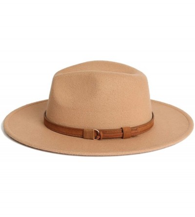 Fedoras Dantiya Men & Women Vintage Wide Brim Wool Fedora Panama Hat with Belt Buckle - Camel - CC1922DWH3E $33.49