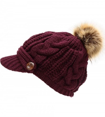 Skullies & Beanies Women's Chunky Winter Soft Cable Knitted Double Layer Visor Beanie Hat with Faux Fur Pom Pom - Plum - C118...