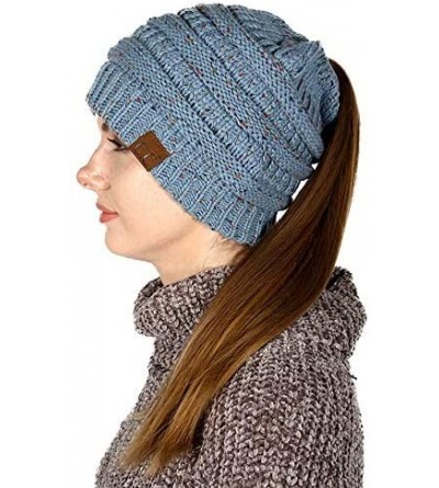 Skullies & Beanies Beanie Ponytail Beanie Messy bun Beanie Soft Warm Cable Winter Chunky Skull Cap - Confetti Denim - CC189XI...