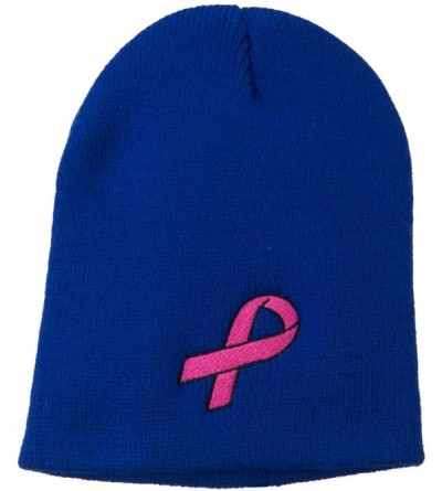 Skullies & Beanies Pink Ribbon Breast Cancer Embroidered Short Beanie - Royal - CK11M6L2JGL $27.49