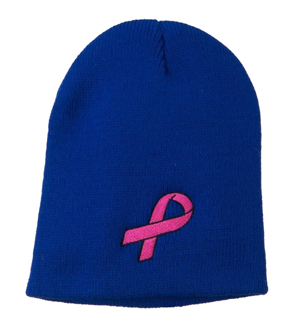 Skullies & Beanies Pink Ribbon Breast Cancer Embroidered Short Beanie - Royal - CK11M6L2JGL $27.49