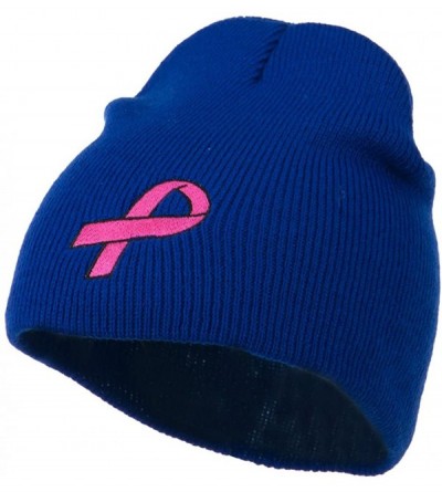 Skullies & Beanies Pink Ribbon Breast Cancer Embroidered Short Beanie - Royal - CK11M6L2JGL $27.49