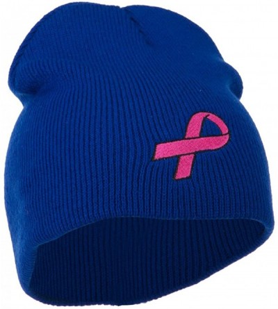 Skullies & Beanies Pink Ribbon Breast Cancer Embroidered Short Beanie - Royal - CK11M6L2JGL $27.49