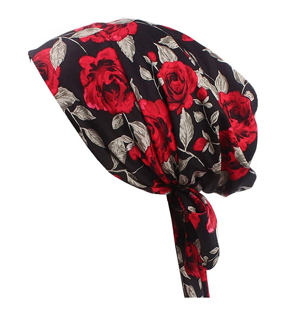 Skullies & Beanies Vintage Women Cotton Scarf Chemo Cap Bowknot Turban Hair Loss Hat - Red Rose - C018EQCR3R2 $12.51