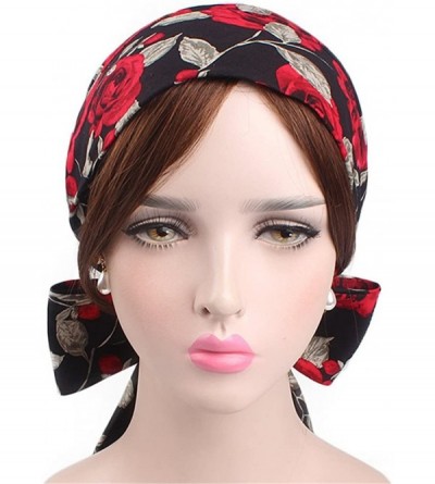 Skullies & Beanies Vintage Women Cotton Scarf Chemo Cap Bowknot Turban Hair Loss Hat - Red Rose - C018EQCR3R2 $12.51
