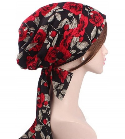 Skullies & Beanies Vintage Women Cotton Scarf Chemo Cap Bowknot Turban Hair Loss Hat - Red Rose - C018EQCR3R2 $12.51