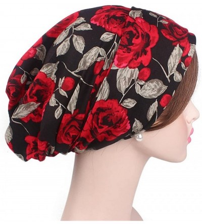 Skullies & Beanies Vintage Women Cotton Scarf Chemo Cap Bowknot Turban Hair Loss Hat - Red Rose - C018EQCR3R2 $12.51