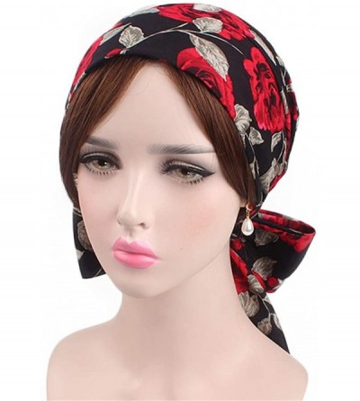 Skullies & Beanies Vintage Women Cotton Scarf Chemo Cap Bowknot Turban Hair Loss Hat - Red Rose - C018EQCR3R2 $12.51