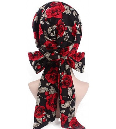 Skullies & Beanies Vintage Women Cotton Scarf Chemo Cap Bowknot Turban Hair Loss Hat - Red Rose - C018EQCR3R2 $12.51