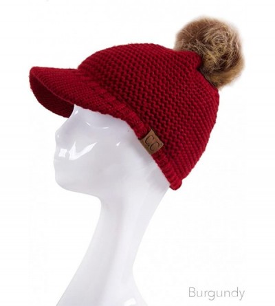 Skullies & Beanies Women's Exclusive Knitted Brim Visor Beanie with Fur Pom Pom - Burgundy - C912K7GGBU1 $15.70