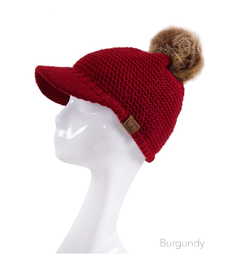 Skullies & Beanies Women's Exclusive Knitted Brim Visor Beanie with Fur Pom Pom - Burgundy - C912K7GGBU1 $15.70