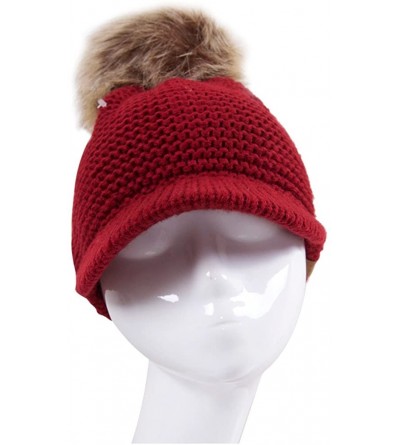 Skullies & Beanies Women's Exclusive Knitted Brim Visor Beanie with Fur Pom Pom - Burgundy - C912K7GGBU1 $15.70