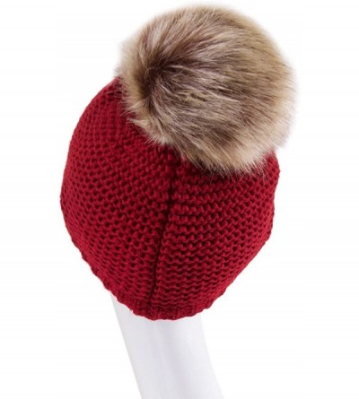 Skullies & Beanies Women's Exclusive Knitted Brim Visor Beanie with Fur Pom Pom - Burgundy - C912K7GGBU1 $15.70