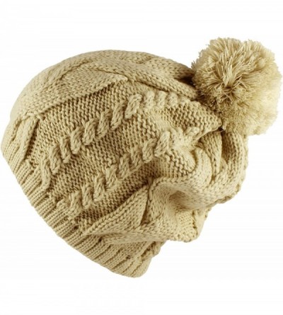 Skullies & Beanies Thick Crochet Knit Slouchy Pom Pom Beanie Winter Ski Hat - Beige Regular - CN127C7FX57 $22.55